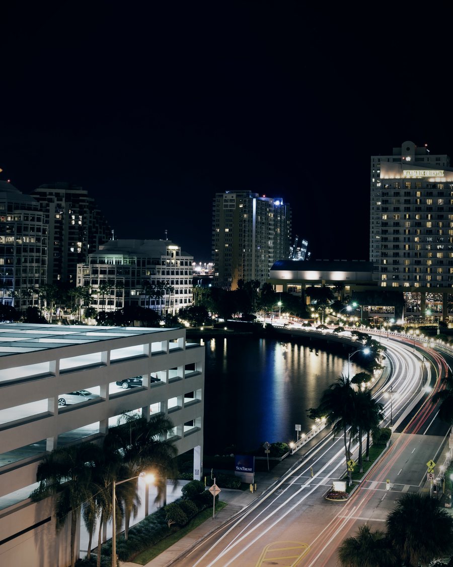The road onto Brickell Key at night