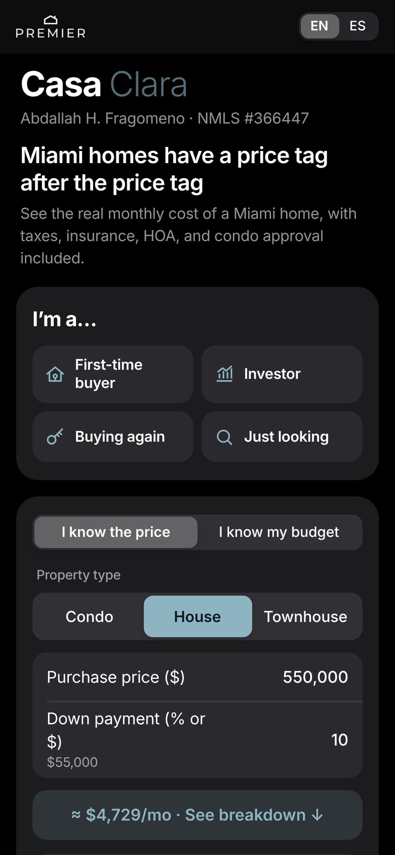The Casa Clara monthly cost tool on a phone screen