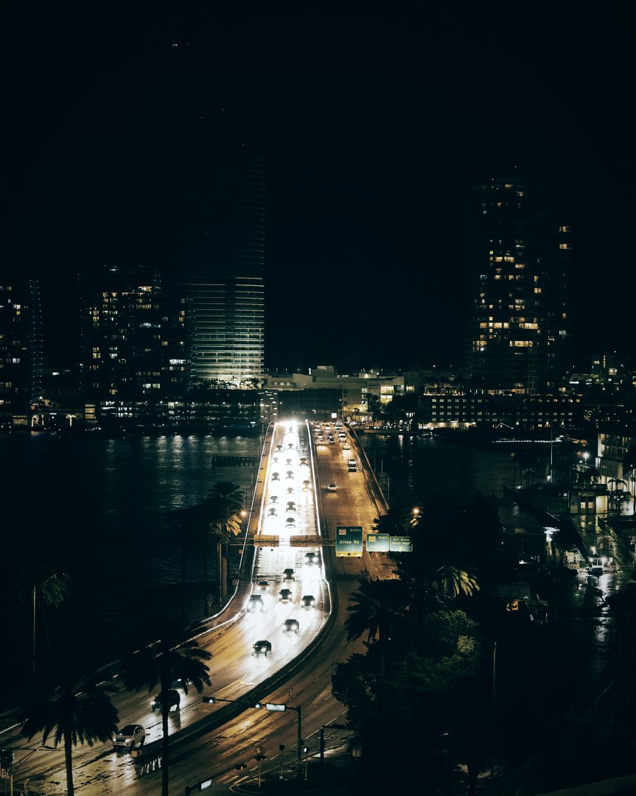 The MacArthur Causeway to Miami Beach at night