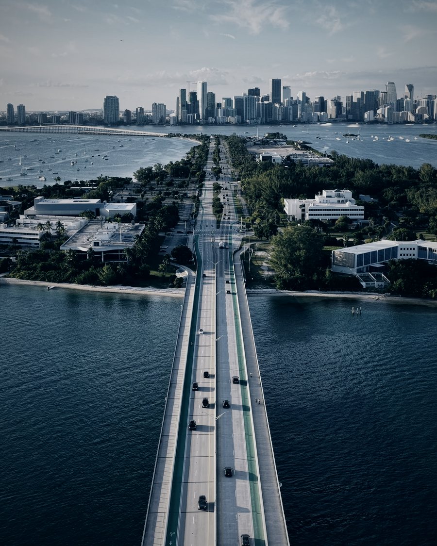 The causeway to Key Biscayne from above, with the Miami skyline across the bay