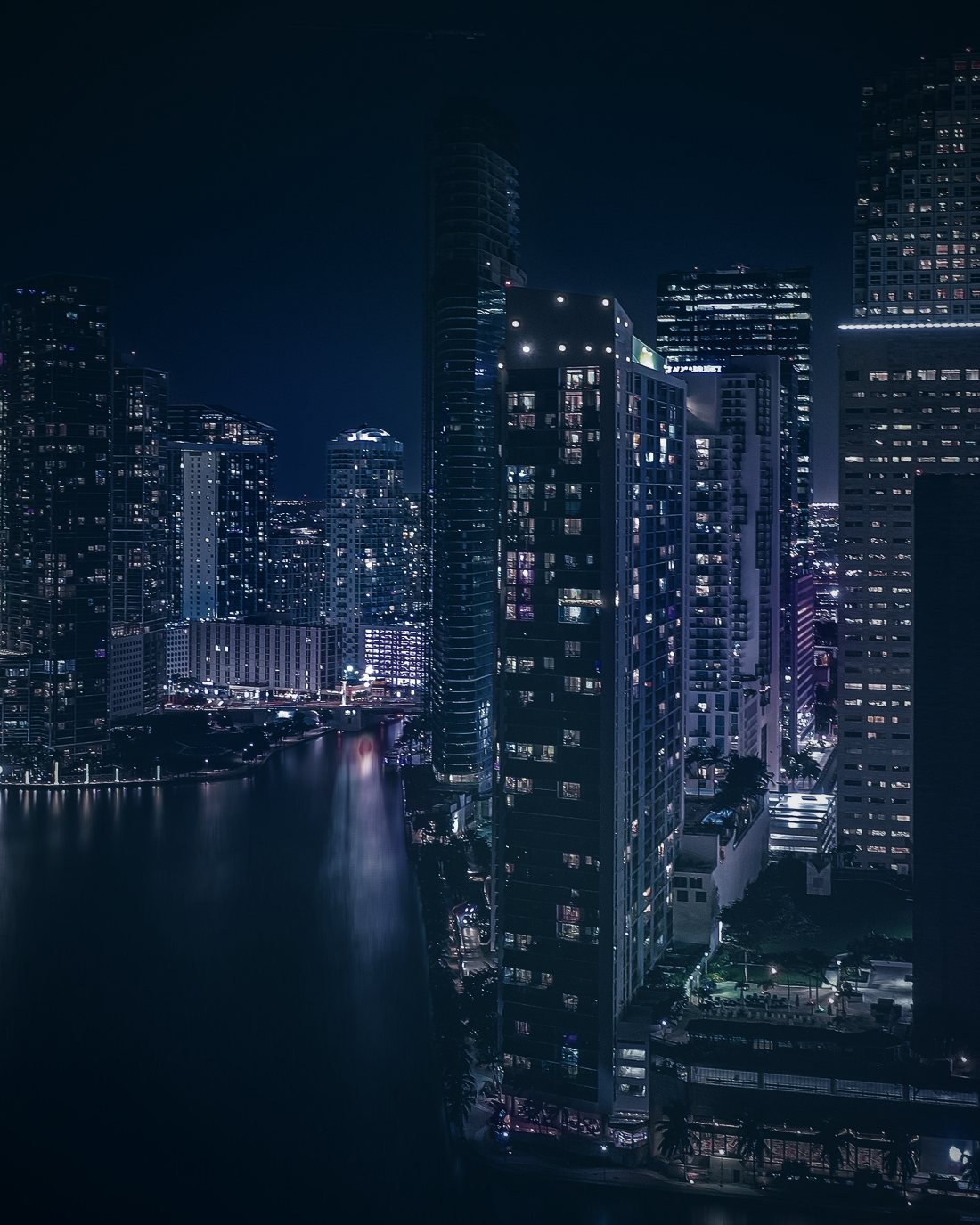 Downtown Miami and Brickell at night over the river